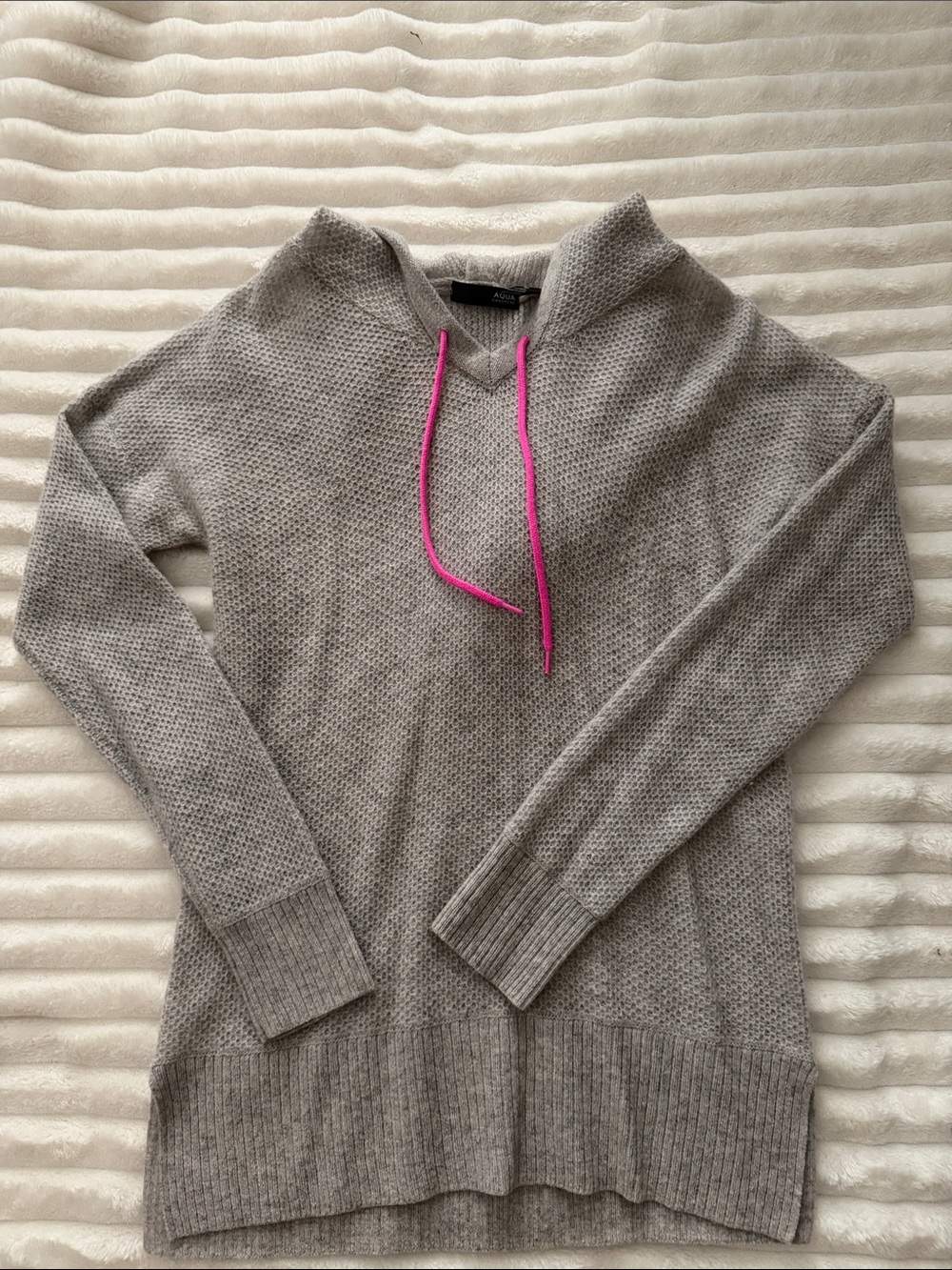 Aqua Gray Knit Hoodie Sweater with Pink Drawstring